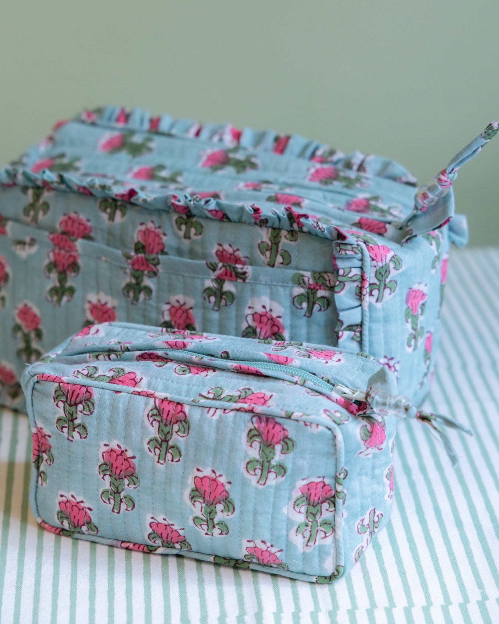 Quilted Washbag - Green & Pink