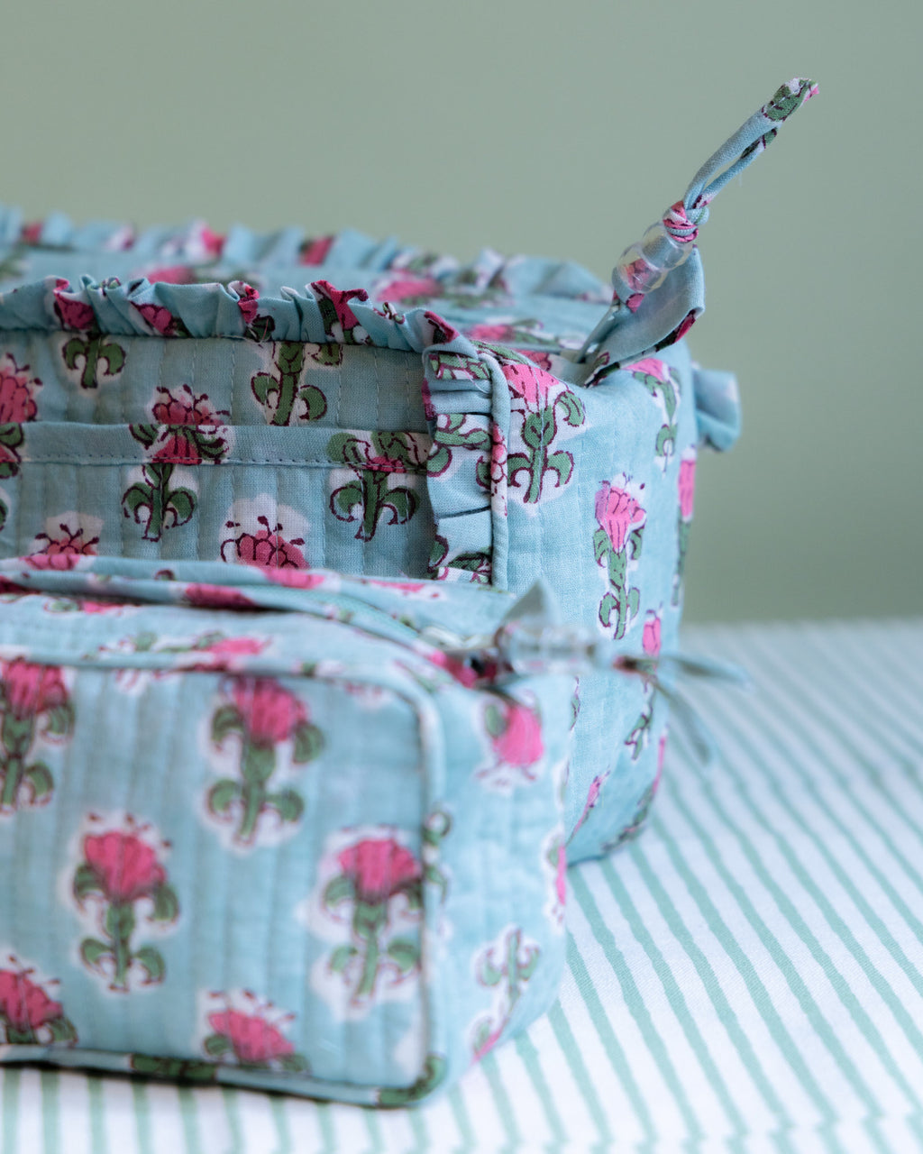 Quilted Washbag - Green & Pink