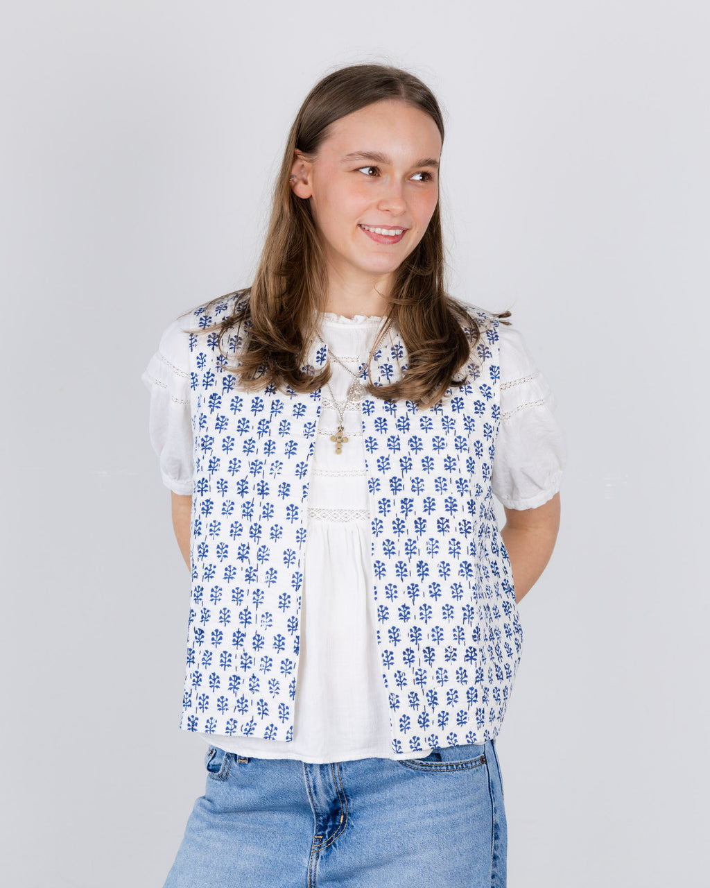 White & Navy Fern Waistcoat