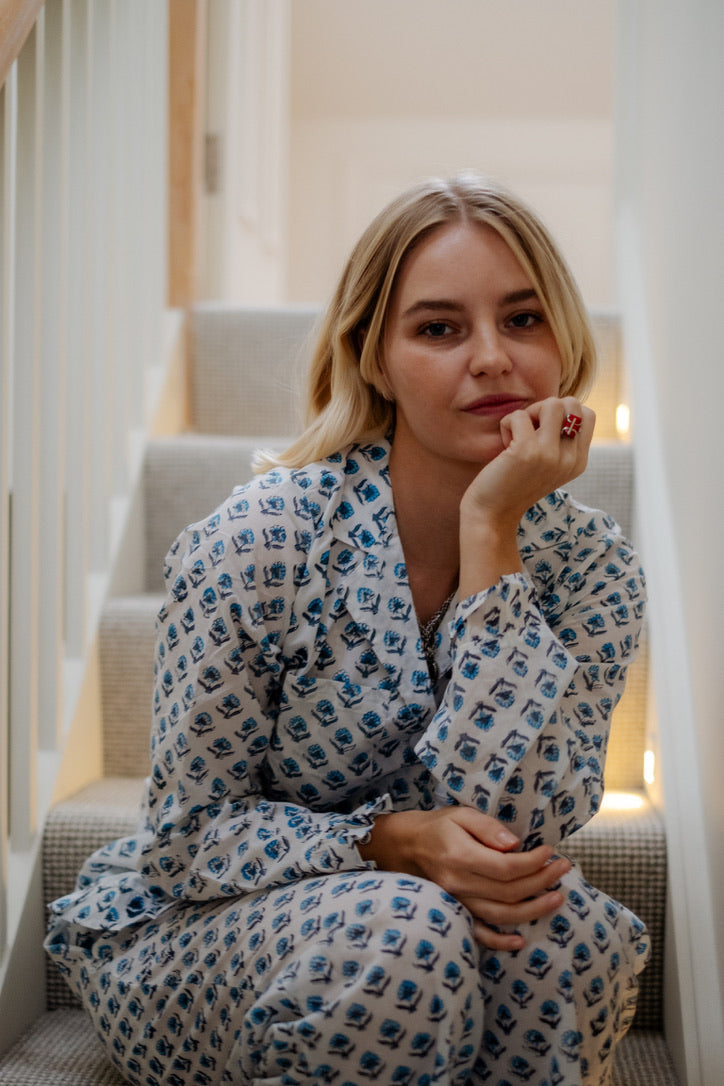 The Bella Pyjama Long Sleeve Top - Blue & White