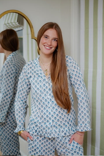 The Bella Pyjama Long Sleeve Top - Blue & White
