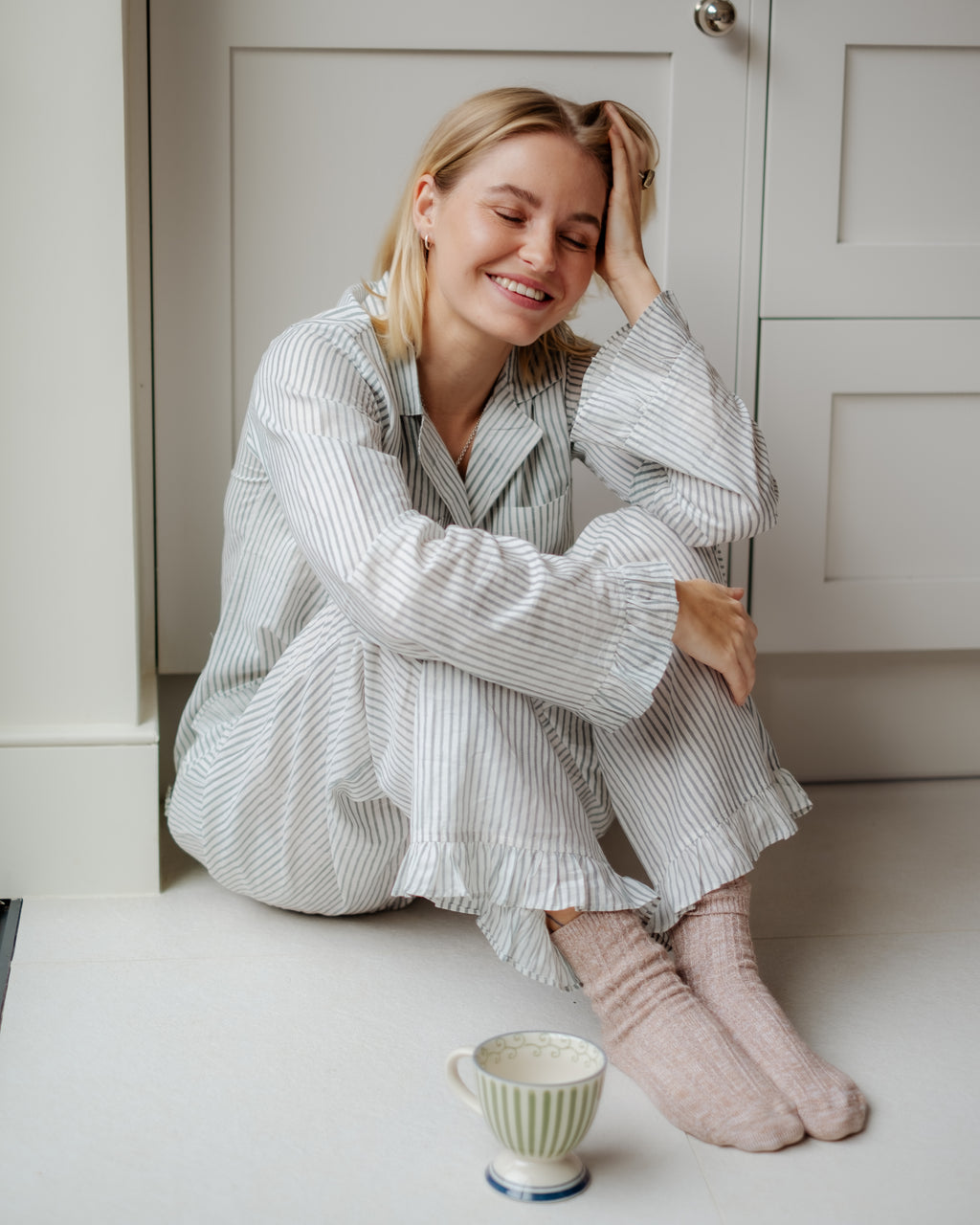 The Bella Pyjama Long Sleeve Bottoms - Teal Stripe
