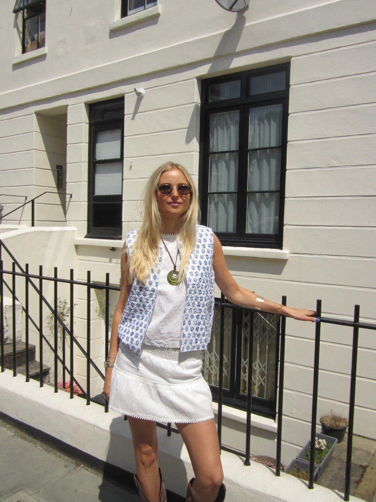 White & Navy Fern Waistcoat