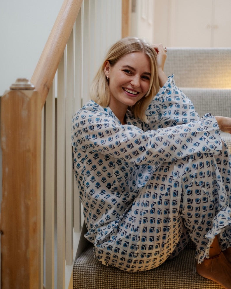 The Bella Pyjama Long Sleeve Top - Blue & White